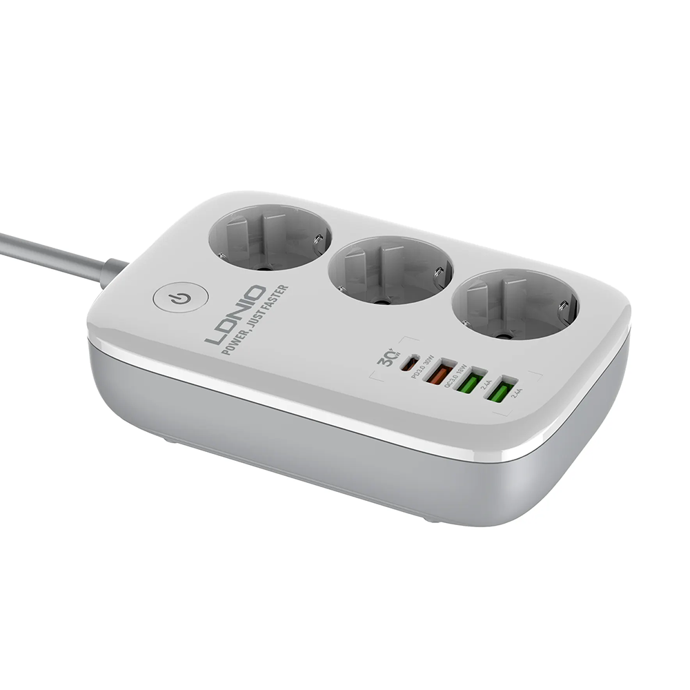 Смарт разклонител LDNIO SEW3452, 3 гнезда, CEE 7/3, 2500W, 1 x Type-C F, 3 x USB F, PD, QC, 2.0m, Бял - 40295