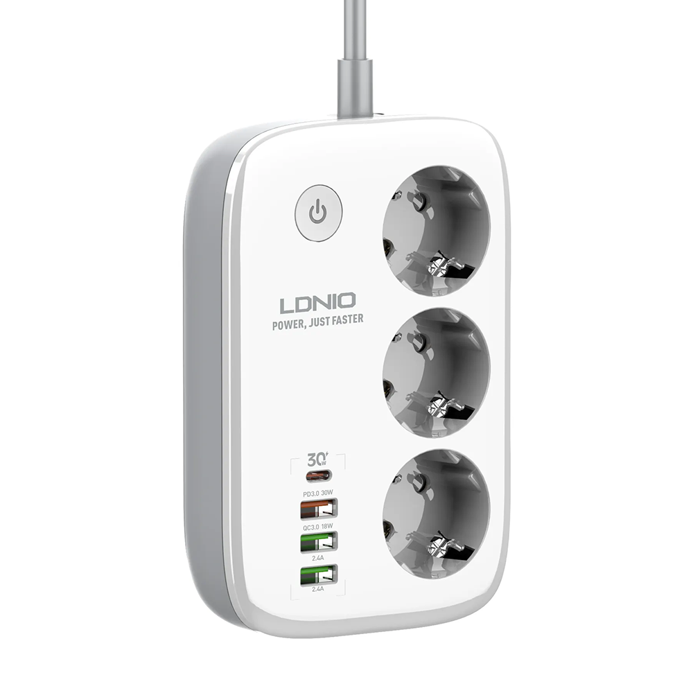 Смарт разклонител LDNIO SEW3452, 3 гнезда, CEE 7/3, 2500W, 1 x Type-C F, 3 x USB F, PD, QC, 2.0m, Бял - 40295