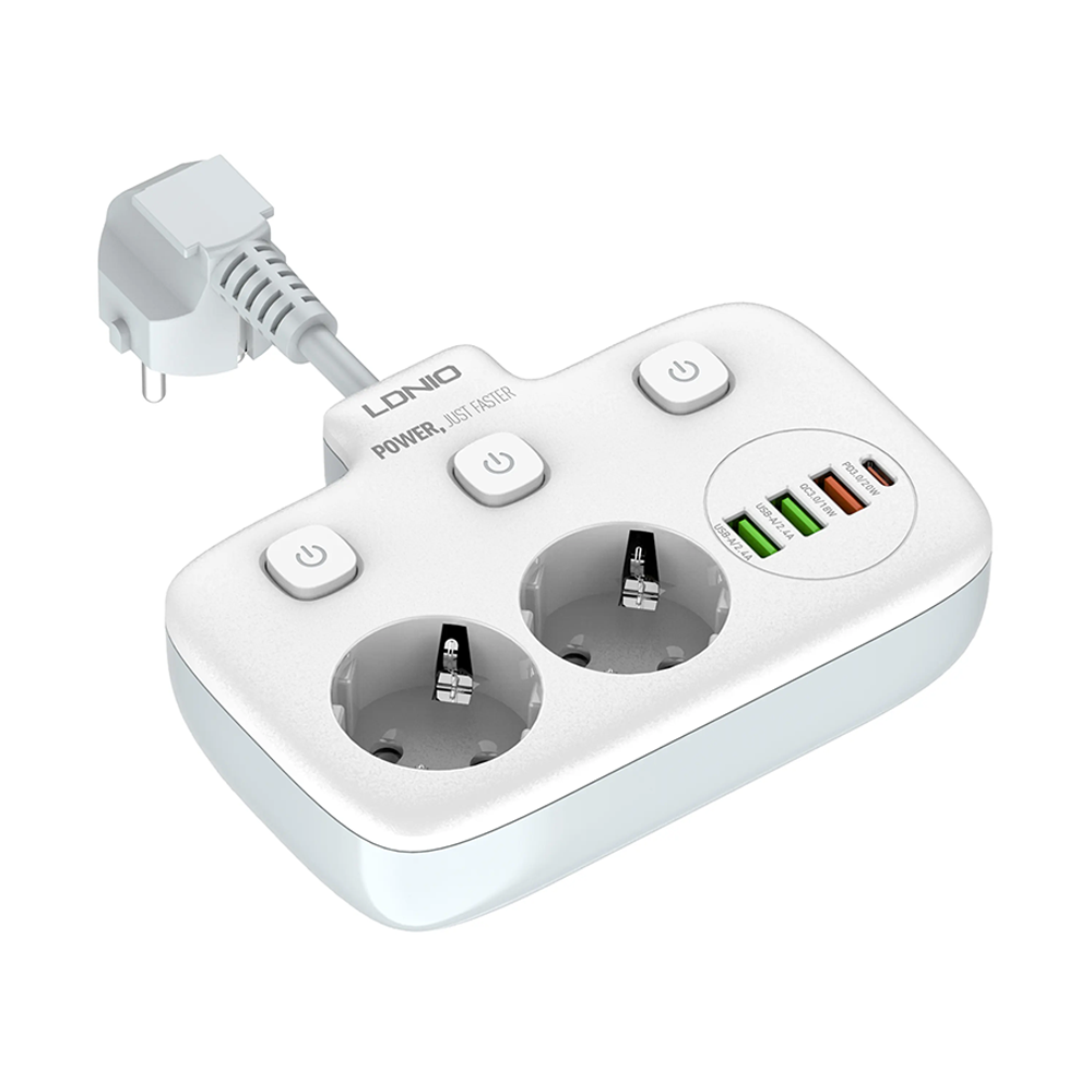 Разклонител LDNIO SE2435, 2 гнезда, CEE 7/3, 2500W, 1 x Type-C F, 3 x USB F, PD, QC, Бял - 40296