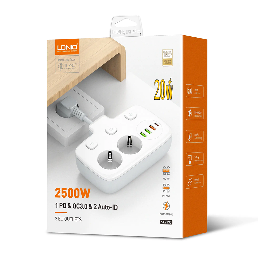 Разклонител LDNIO SE2435, 2 гнезда, CEE 7/3, 2500W, 1 x Type-C F, 3 x USB F, PD, QC, Бял - 40296