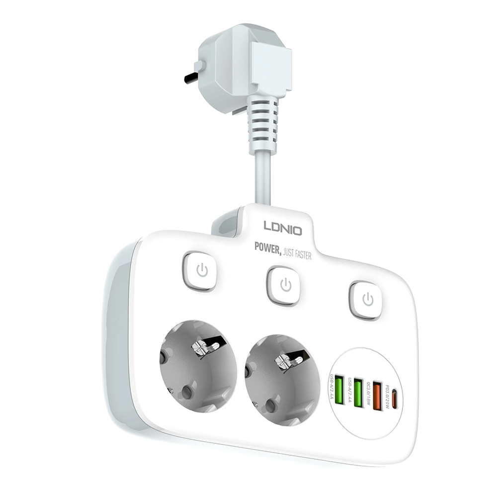 Разклонител LDNIO SE2435, 2 гнезда, CEE 7/3, 2500W, 1 x Type-C F, 3 x USB F, PD, QC, Бял - 40296