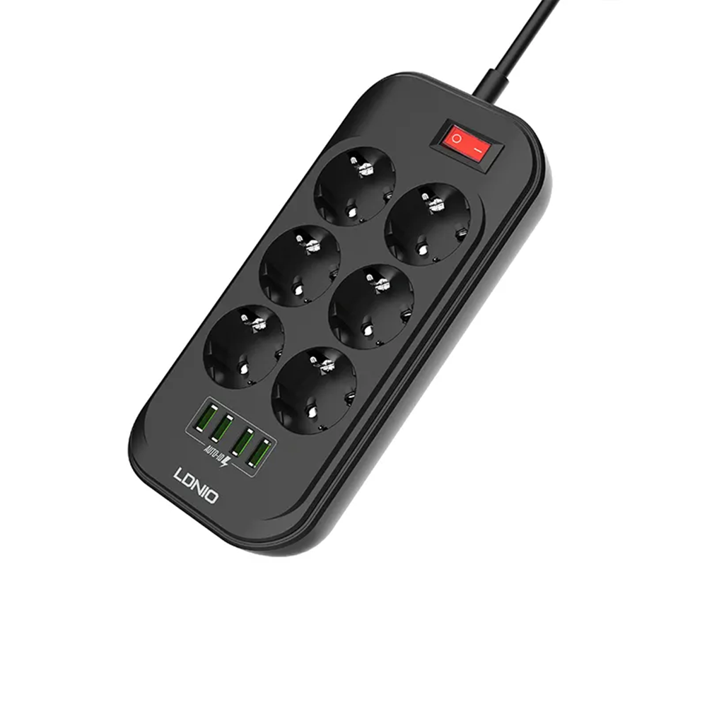 Разклонител LDNIO SE6403, 6 гнезда, CEE 7/3, 2500W, 4 x USB F, 2.0m, Черен - 40298