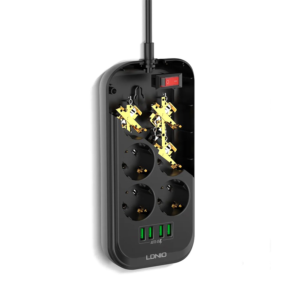 Разклонител LDNIO SE6403, 6 гнезда, CEE 7/3, 2500W, 4 x USB F, 2.0m, Черен - 40298
