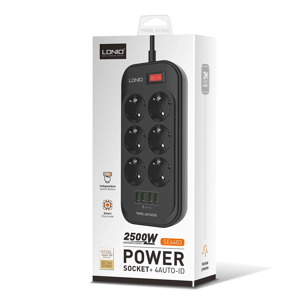 Разклонител LDNIO SE6403, 6 гнезда, CEE 7/3, 2500W, 4 x USB F, 2.0m, Черен - 40298
