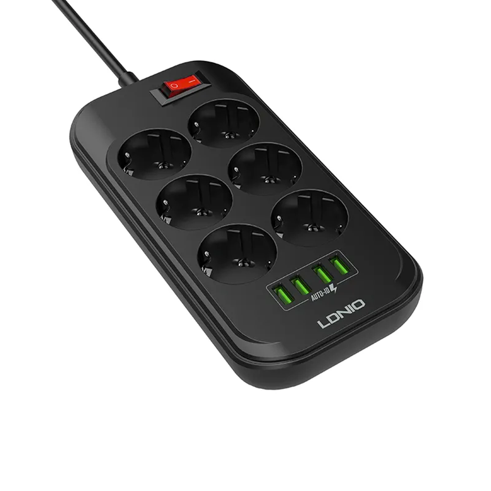 Разклонител LDNIO SE6403, 6 гнезда, CEE 7/3, 2500W, 4 x USB F, 2.0m, Черен - 40298