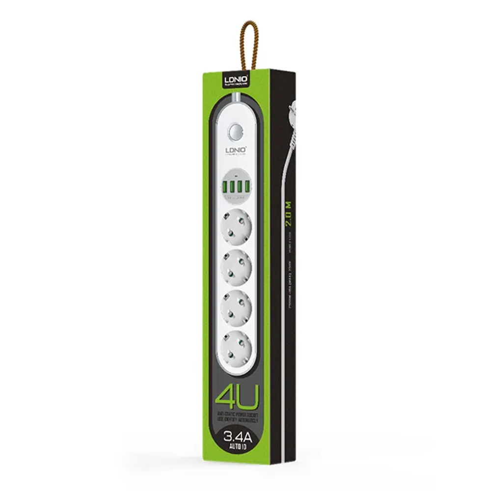 Разклонител LDNIO SE4432, 4 гнезда, CEE 7/3, 2500W, 4 x USB F, 2.0m, Бял - 40299
