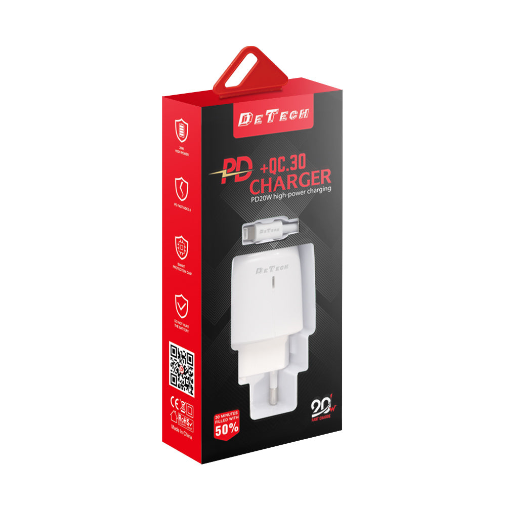 Мрежово зарядно устройство DeTech DE-31C, 20W, С Type-C кабел, 1 x Type-C F, 1 x USB F, PD, QC, Бял - 40321