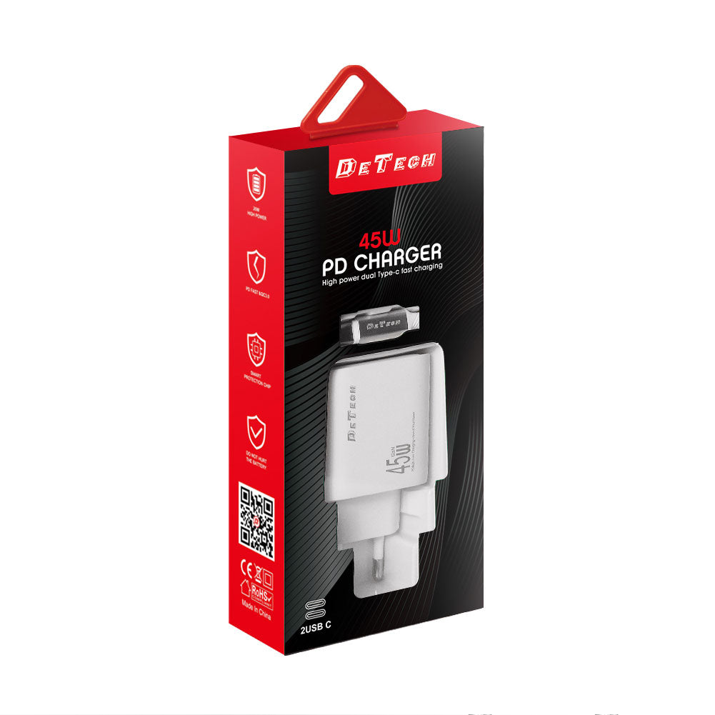 Мрежово зарядно устройство DeTech DE-PD, 45W, GaN, С Type-C кабел, 2 x Type-C F, Бял - 40341