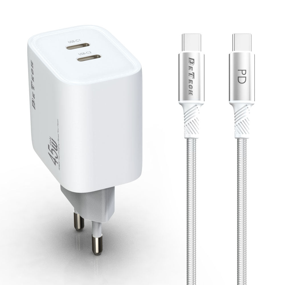 Мрежово зарядно устройство DeTech DE-PD, 45W, GaN, С Type-C кабел, 2 x Type-C F, Бял - 40341