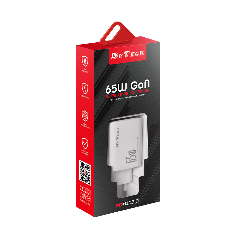 Мрежово зарядно устройство DeTech DE-PD, 65W, GaN, 2 x Type-C F, 1 x USB F, Бял - 40342
