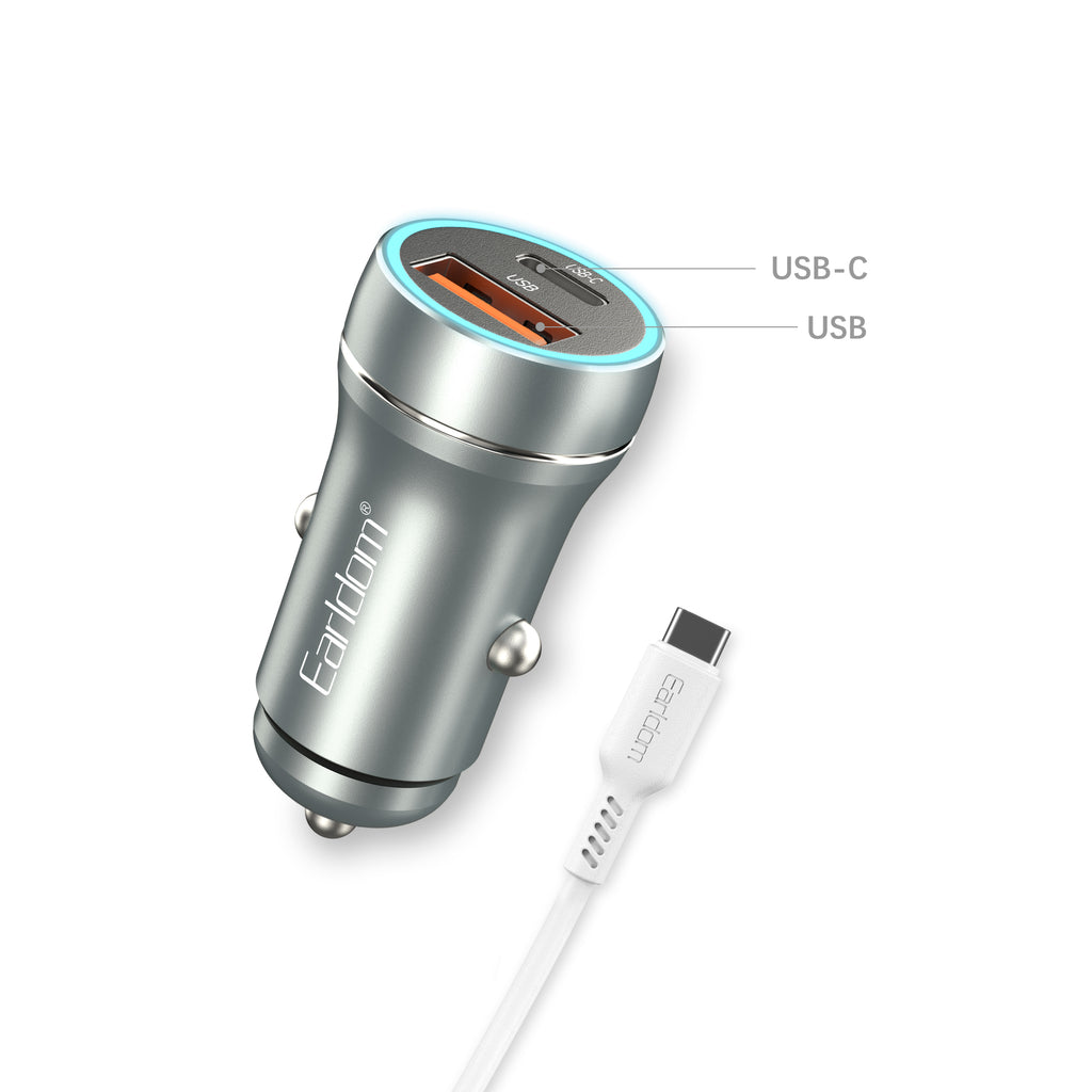 Зарядно устройство за кола Earldom ES-CC29, 30W, USB QC3.0, PD, С Type-C PD кабел, Сребрист - 40351