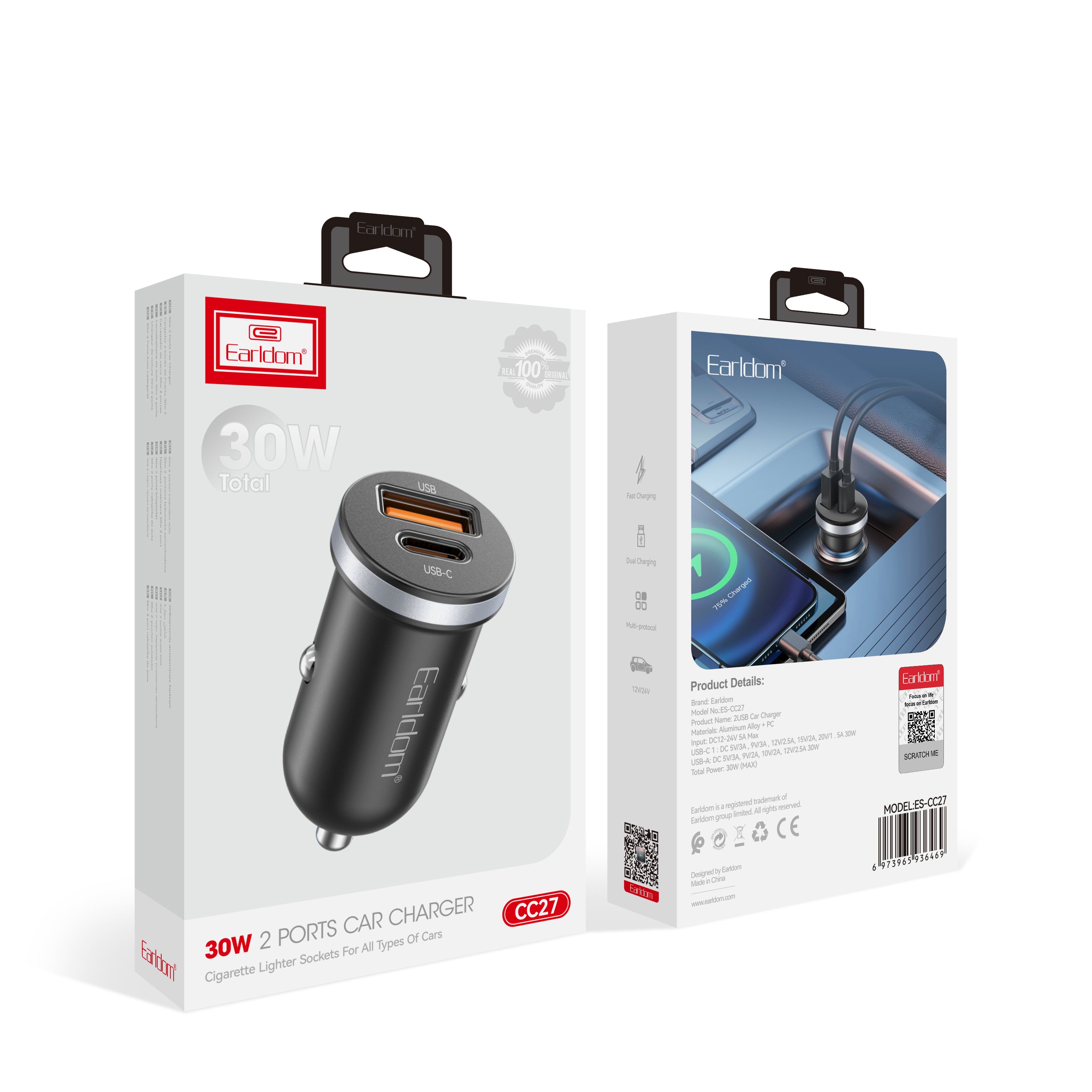 Зарядно устройство за кола Earldom ES-CC27, 30W, USB, Type-C, Черен - 40353