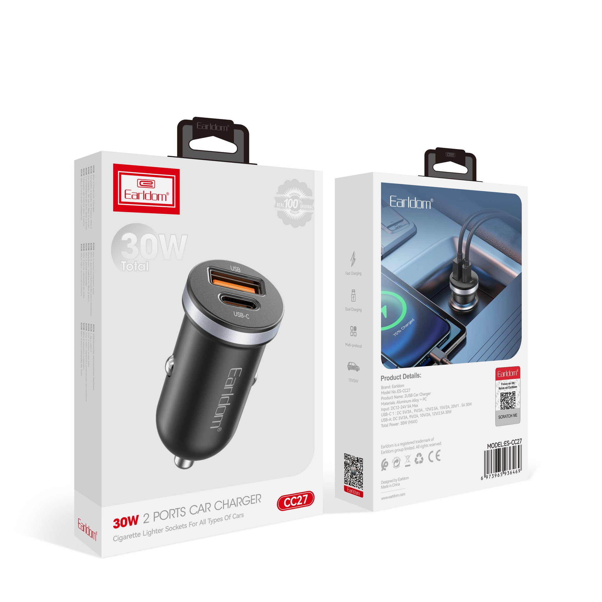 Зарядно устройство за кола Earldom ES-CC27, 30W, USB, Type-C, Черен - 40353