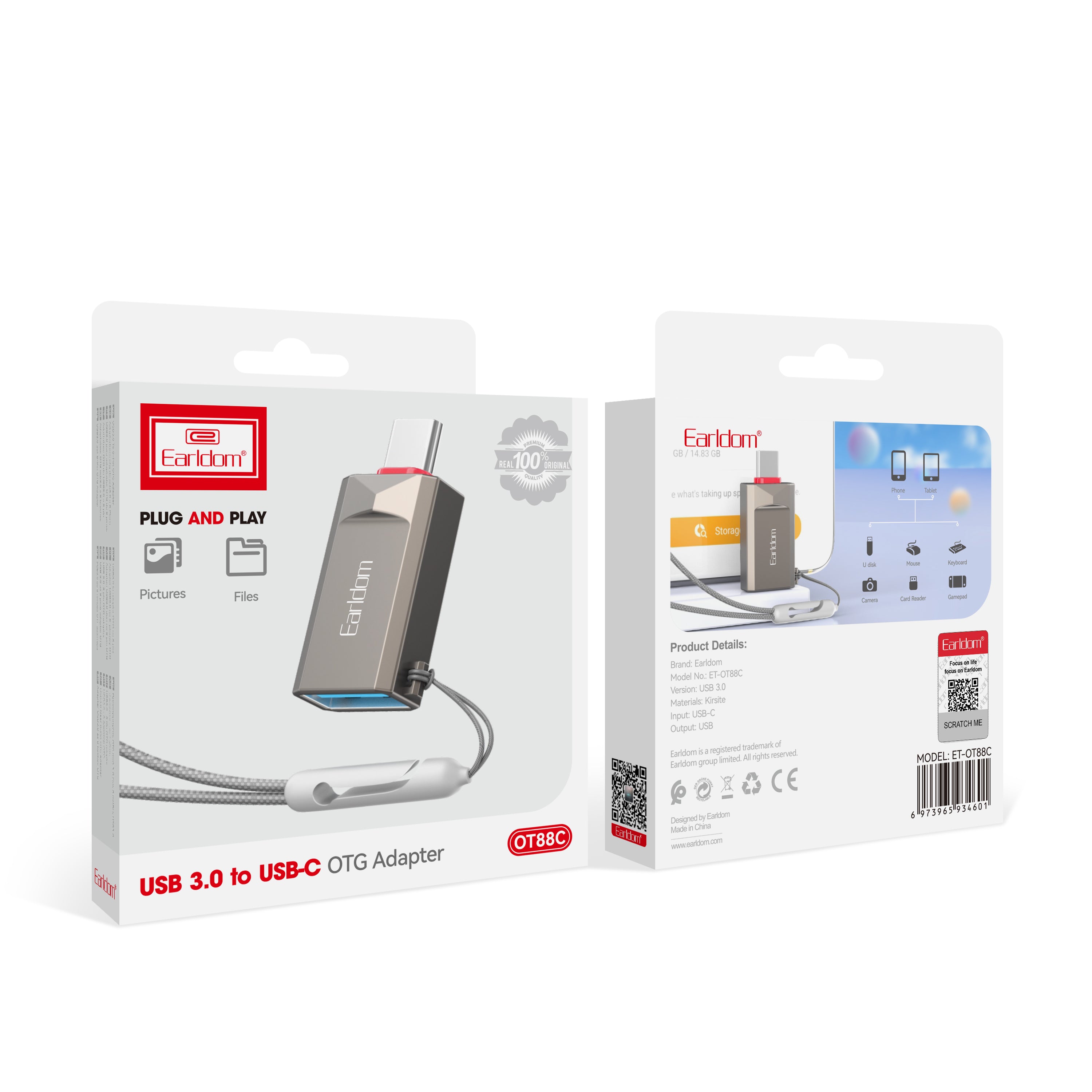 Преходник Earldom ET-OT88C, USB3.0 към Type-C, OTG, Сив - 40360