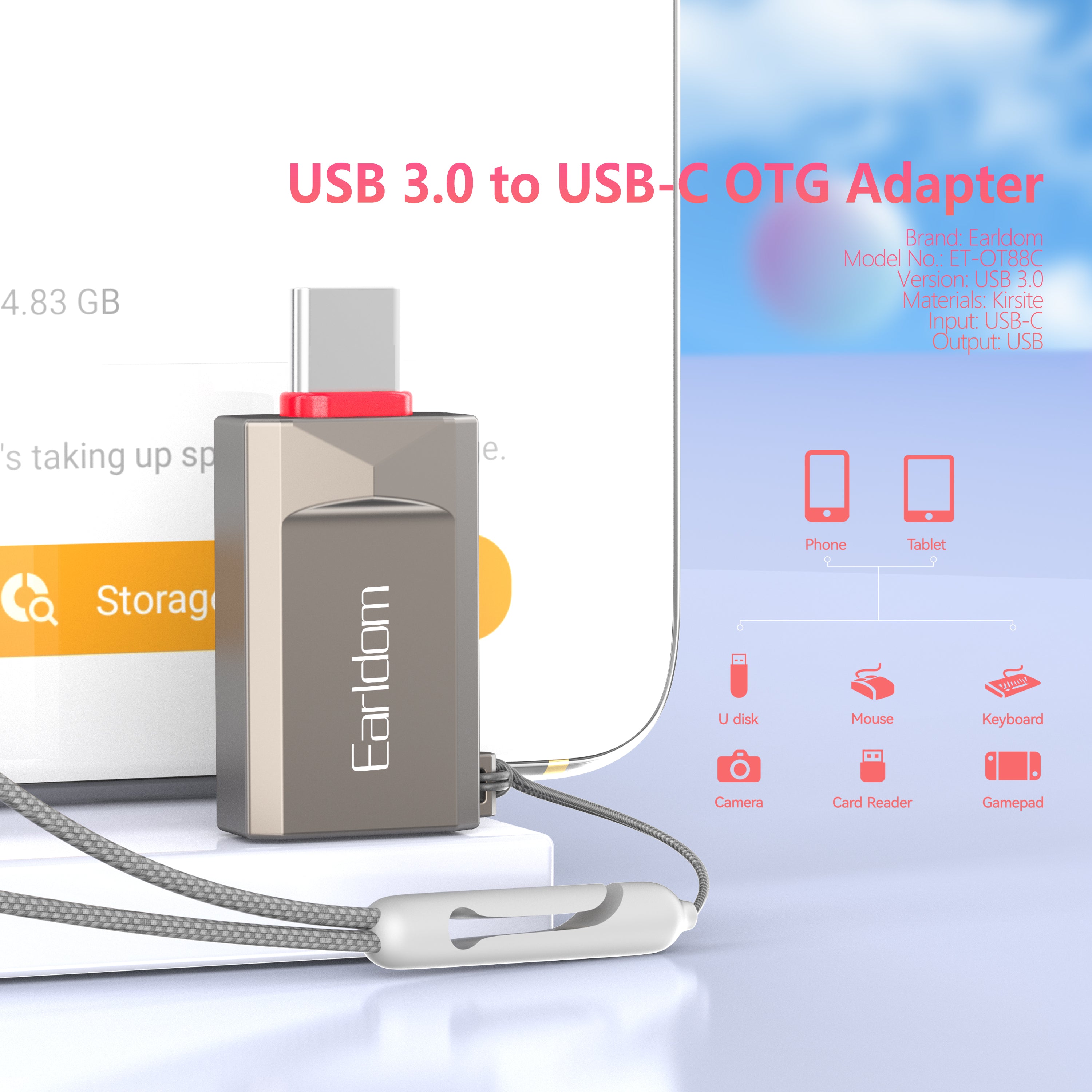 Преходник Earldom ET-OT88C, USB3.0 към Type-C, OTG, Сив - 40360