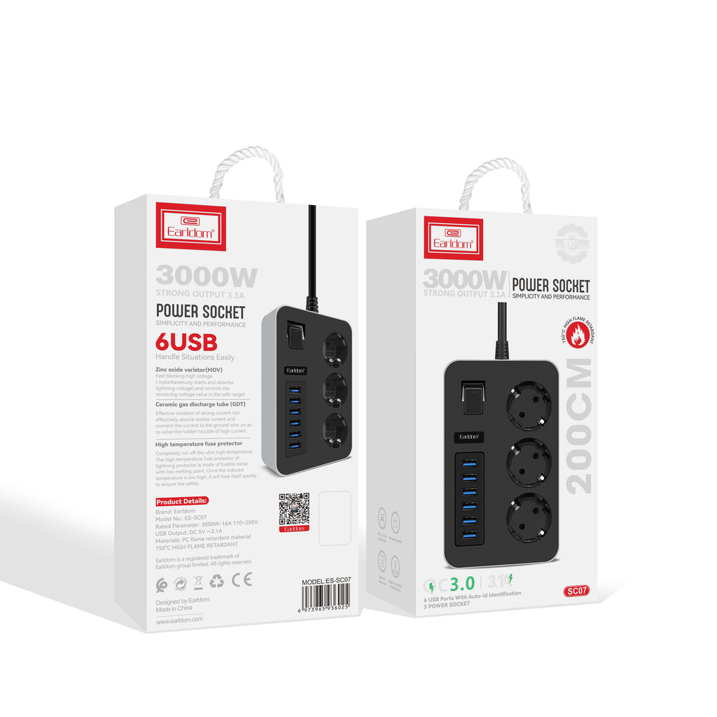 Разклонител Earldom ES-SC07, 3 гнезда, CEE 7/3, 6 х USB, 2м., Черен - 40378