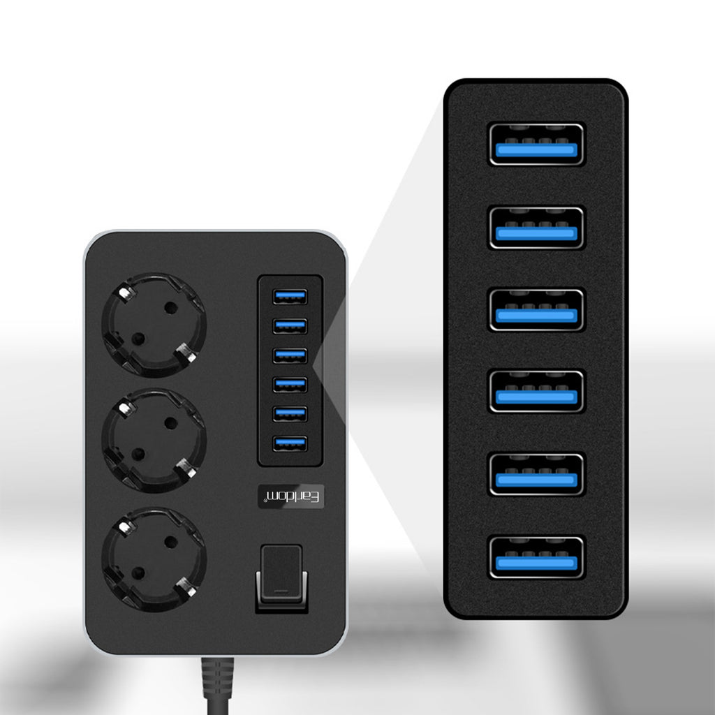 Разклонител Earldom ES-SC07, 3 гнезда, CEE 7/3, 6 х USB, 2м., Черен - 40378