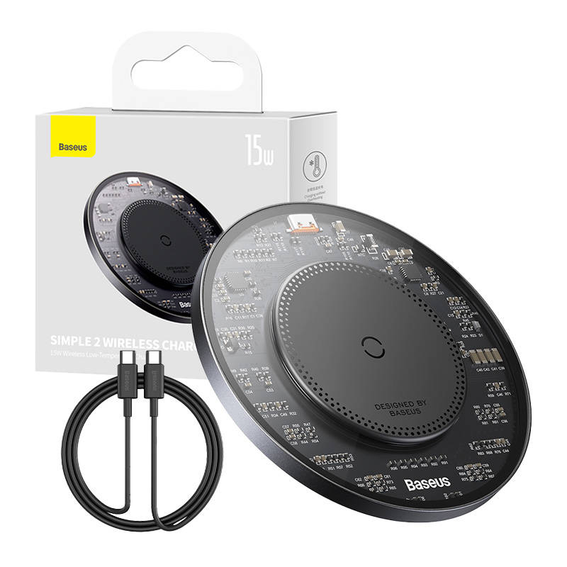 Безжично зарядно устройство Baseus Simple 2, Qi, 15W, Черен - 40381