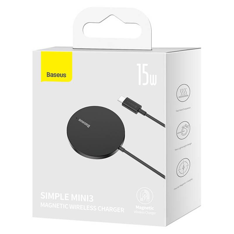 Безжично зарядно устройство Baseus Simple Mini 3, Qi, 15W, Черен - 40383