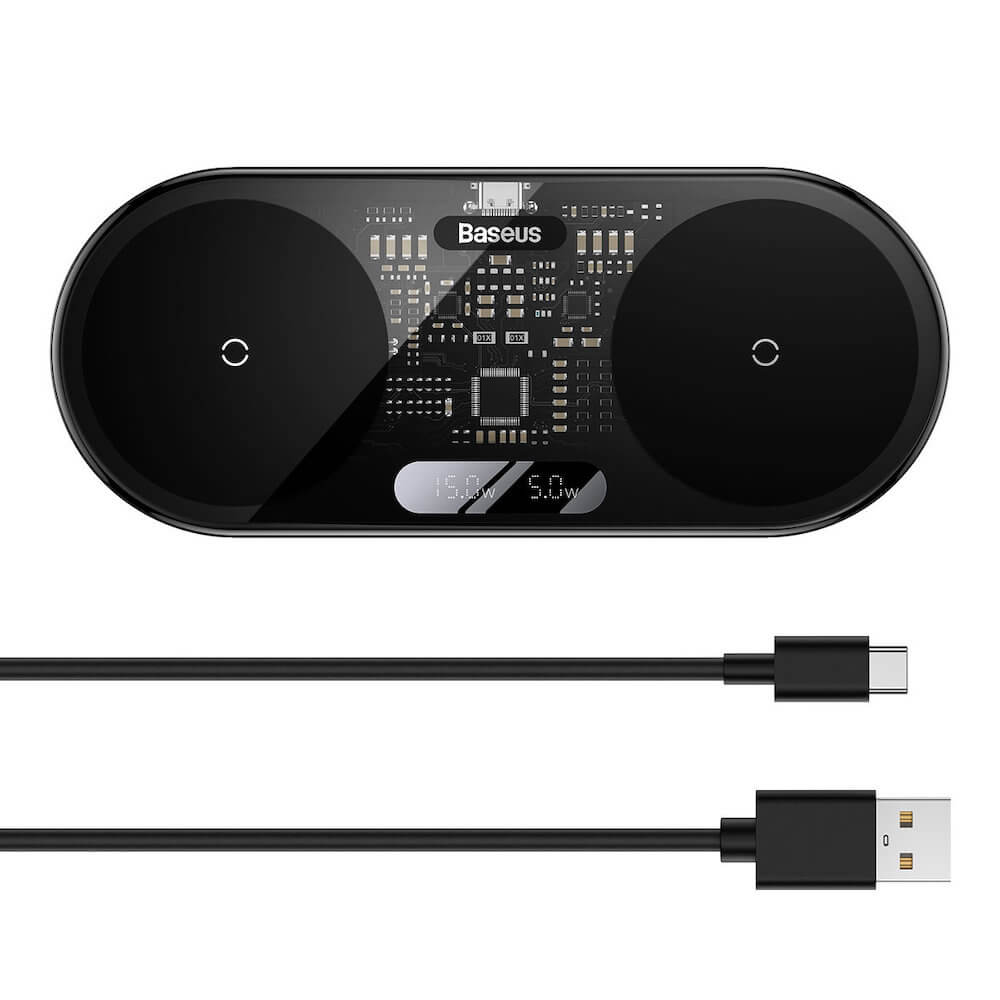 Безжично зарядно устройство Baseus Digital LED, 2в1, Qi, 20W, Черен - 40384