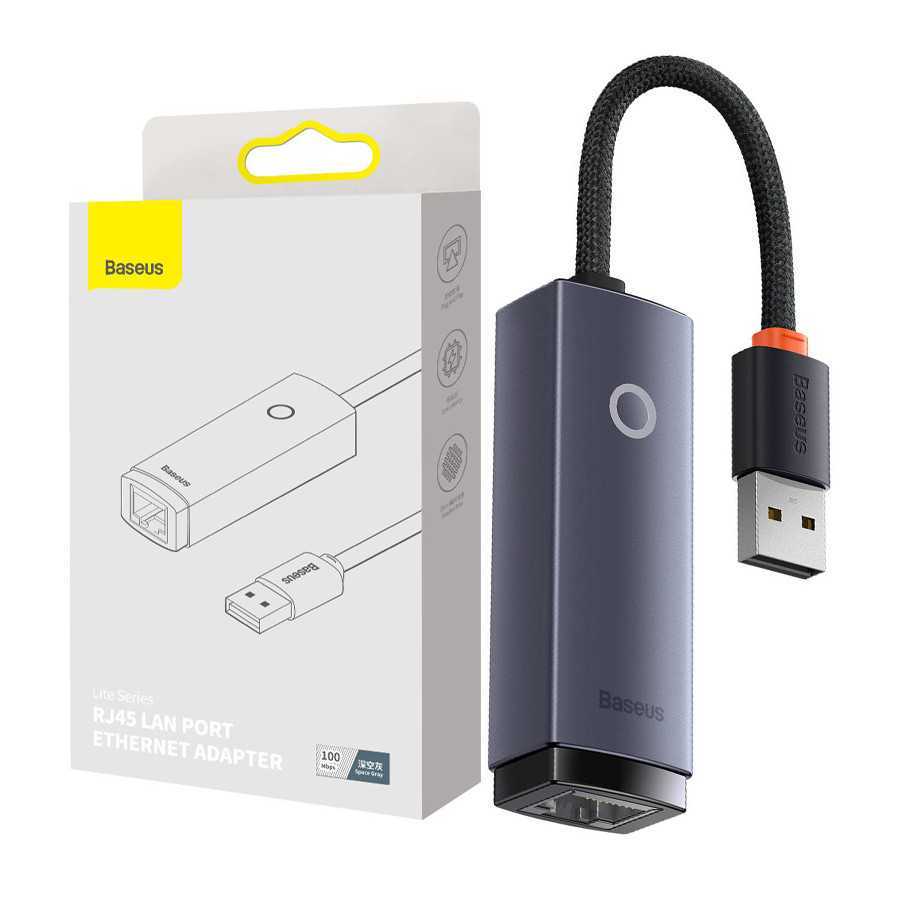 Мрежов адаптер Baseus Lite, USB към RJ45, 100Mbps, Сив - 40390