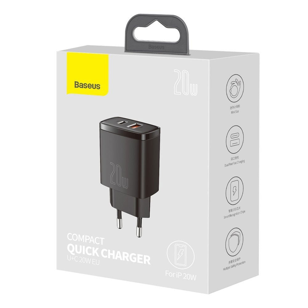Мрежово зарядно устройство Baseus Cube Fast Charger OS, 20W, 1 x Type-C F, 1 x USB F, Черен - 40406