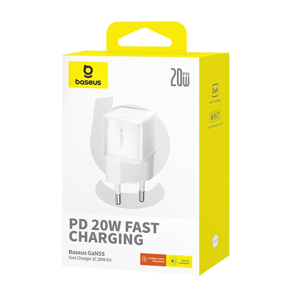 Мрежово зарядно устройство Baseus GaN5S Fast Charger 1C, 20W, 1 x Type-C F, Бял - 40407