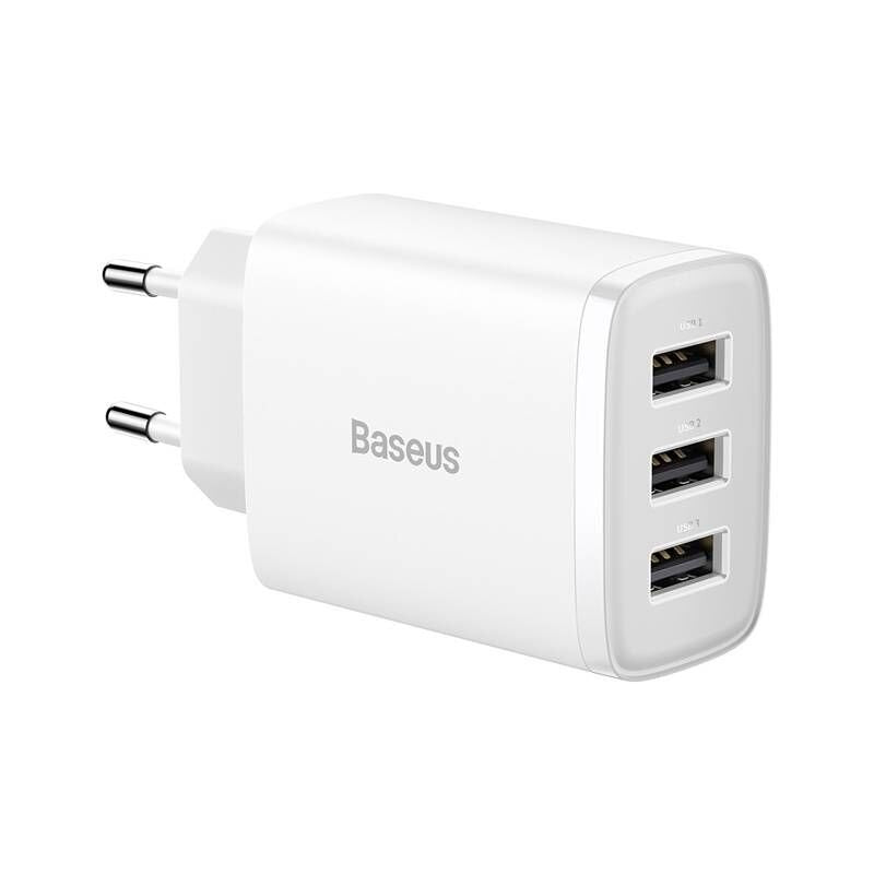 Мрежово зарядно устройство Baseus Compact 3U, 17W, 3 x USB F, Бял - 40412