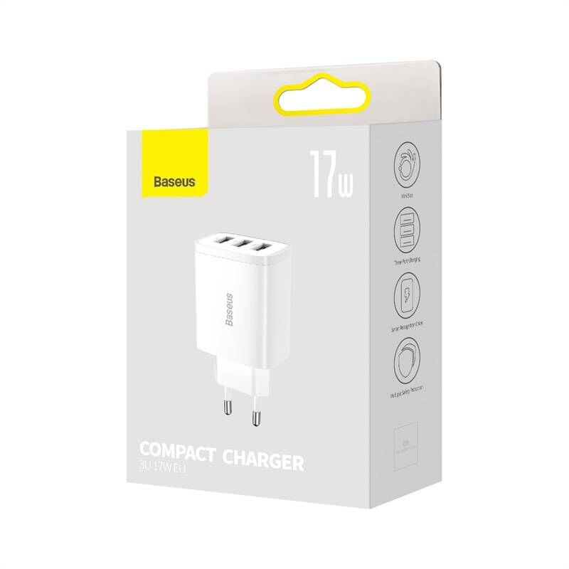 Мрежово зарядно устройство Baseus Compact 3U, 17W, 3 x USB F, Бял - 40412