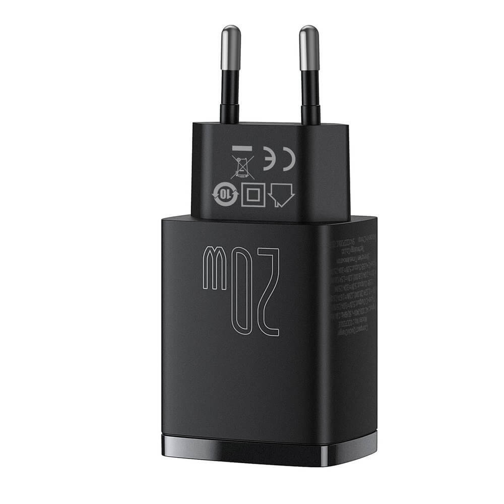 Мрежово зарядно устройство Baseus Compact, 20W, 1 x Type-C F, 1 x USB F, Черен - 40415