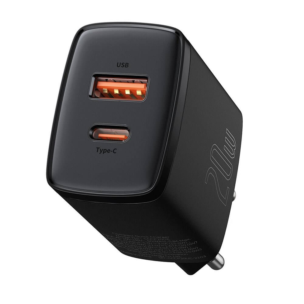 Мрежово зарядно устройство Baseus Compact, 20W, 1 x Type-C F, 1 x USB F, Черен - 40415