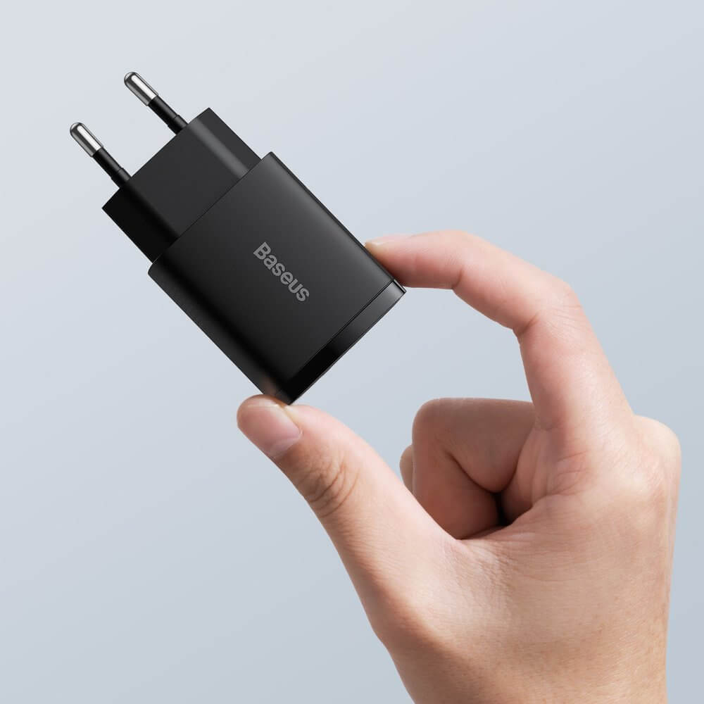 Мрежово зарядно устройство Baseus Compact, 20W, 1 x Type-C F, 1 x USB F, Черен - 40415