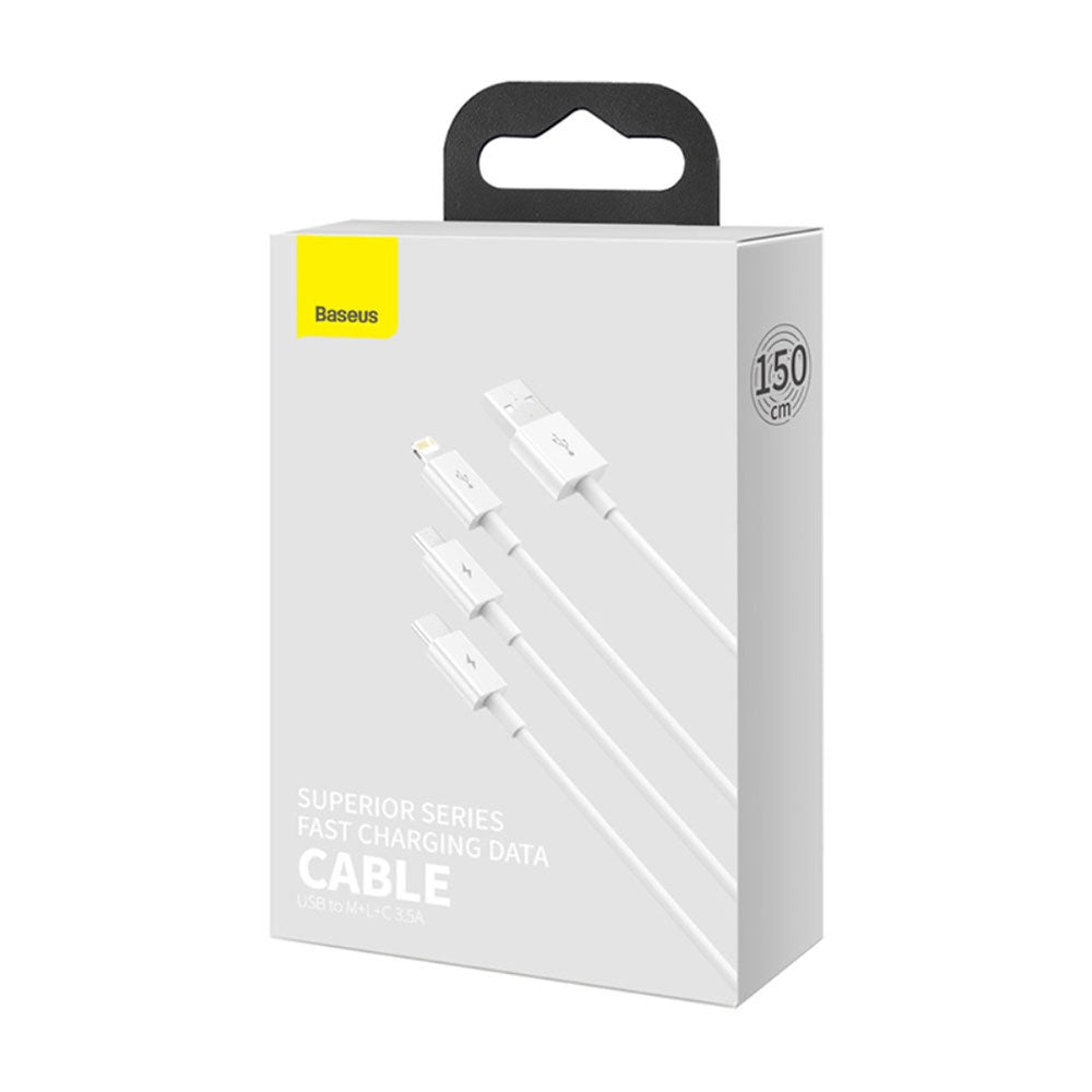 Кабел за зареждане Baseus Superior, 3 в 1, Micro USB, Lightning, Type-C, 1.0m, Бял - 40438