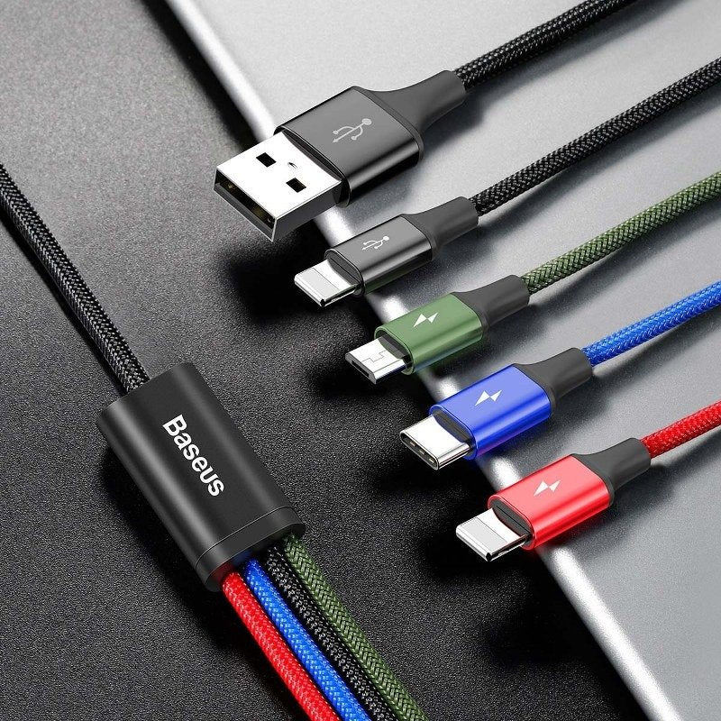 Кабел за зареждане Baseus Fast, 4 в 1, Micro USB, 2 x Lightning, Type-C, 1.2m, Черен - 40493