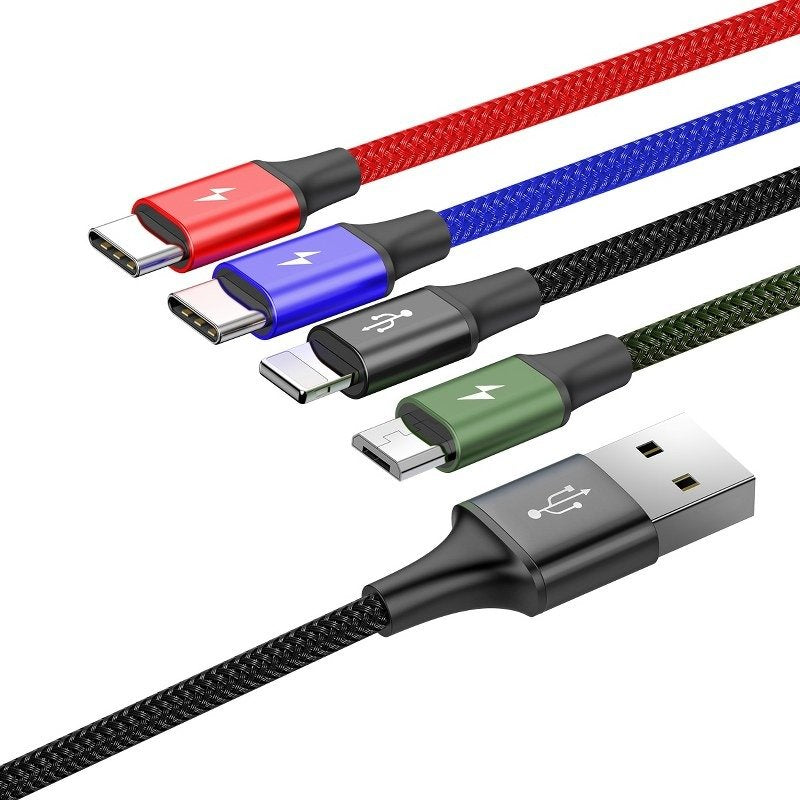 Кабел за зареждане Baseus Fast, 4 в 1, Micro USB, Lightning, 2 x Type-C, 1.2m, Черен - 40494