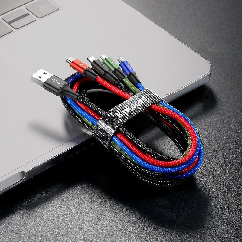 Кабел за зареждане Baseus Fast, 4 в 1, Micro USB, Lightning, 2 x Type-C, 1.2m, Черен - 40494