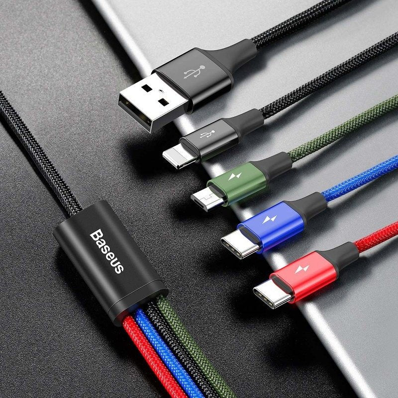 Кабел за зареждане Baseus Fast, 4 в 1, Micro USB, Lightning, 2 x Type-C, 1.2m, Черен - 40494