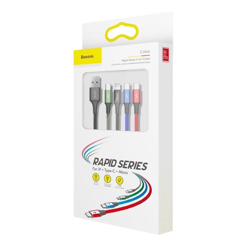 Кабел за зареждане Baseus Fast, 4 в 1, Micro USB, Lightning, 2 x Type-C, 1.2m, Черен - 40494
