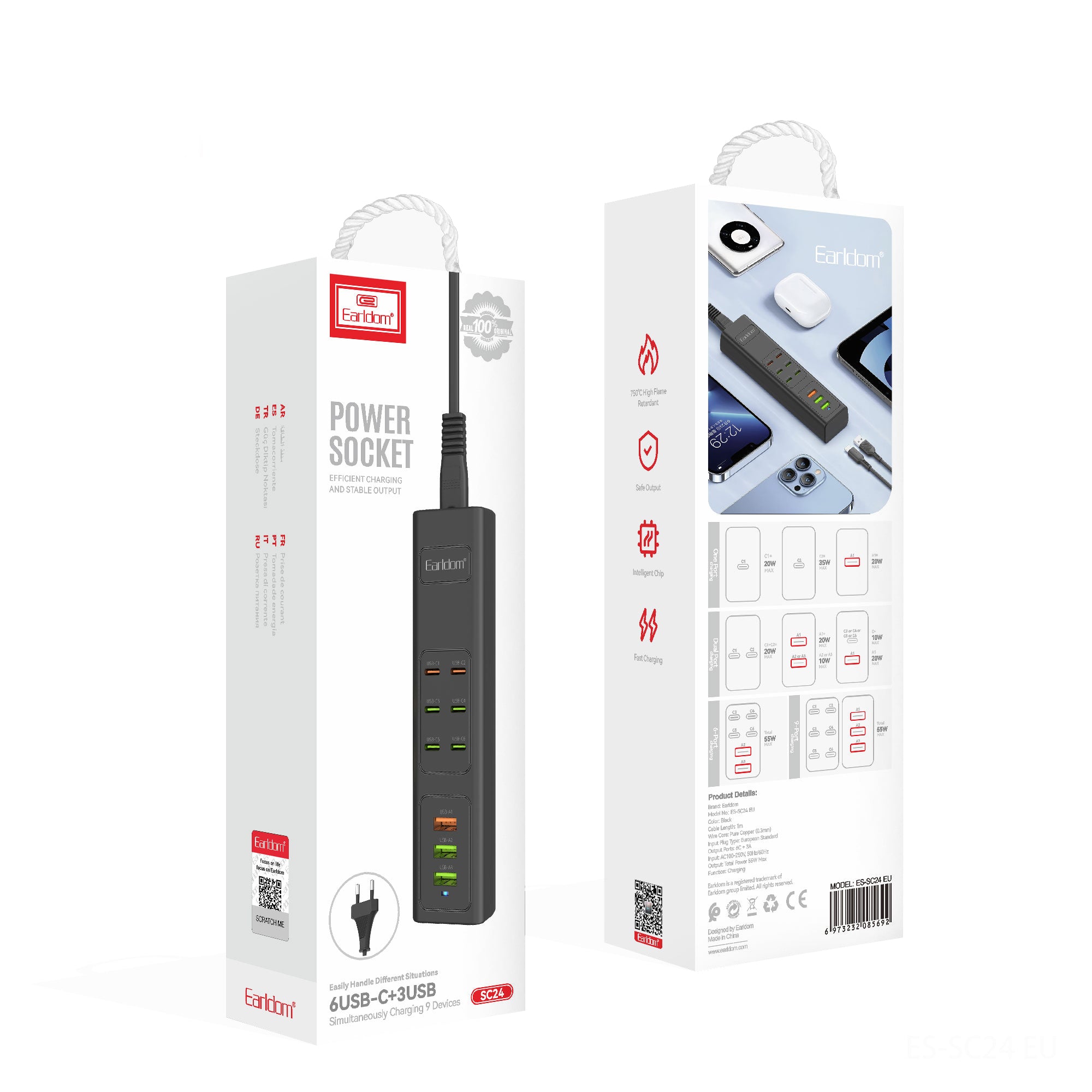 Удължител Earldom ES-SC24, 6 х USB-C, 3 x USB F, 1м., Черен - 40520