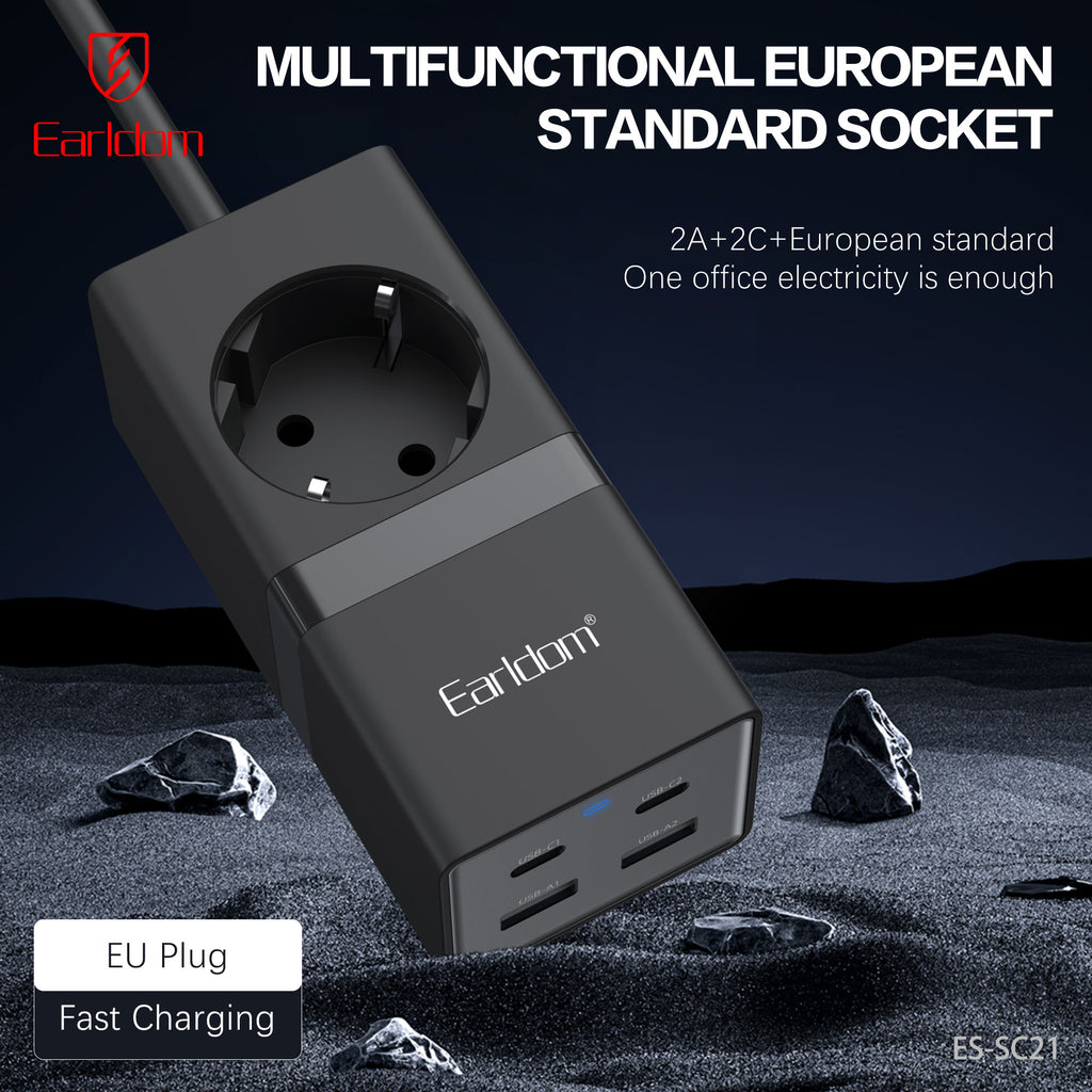 Удължител Earldom ES-SC21, 1 гнездо, CEE 7/3, 2 х USB F, 2 x USB-C, 1м., Черен - 40521