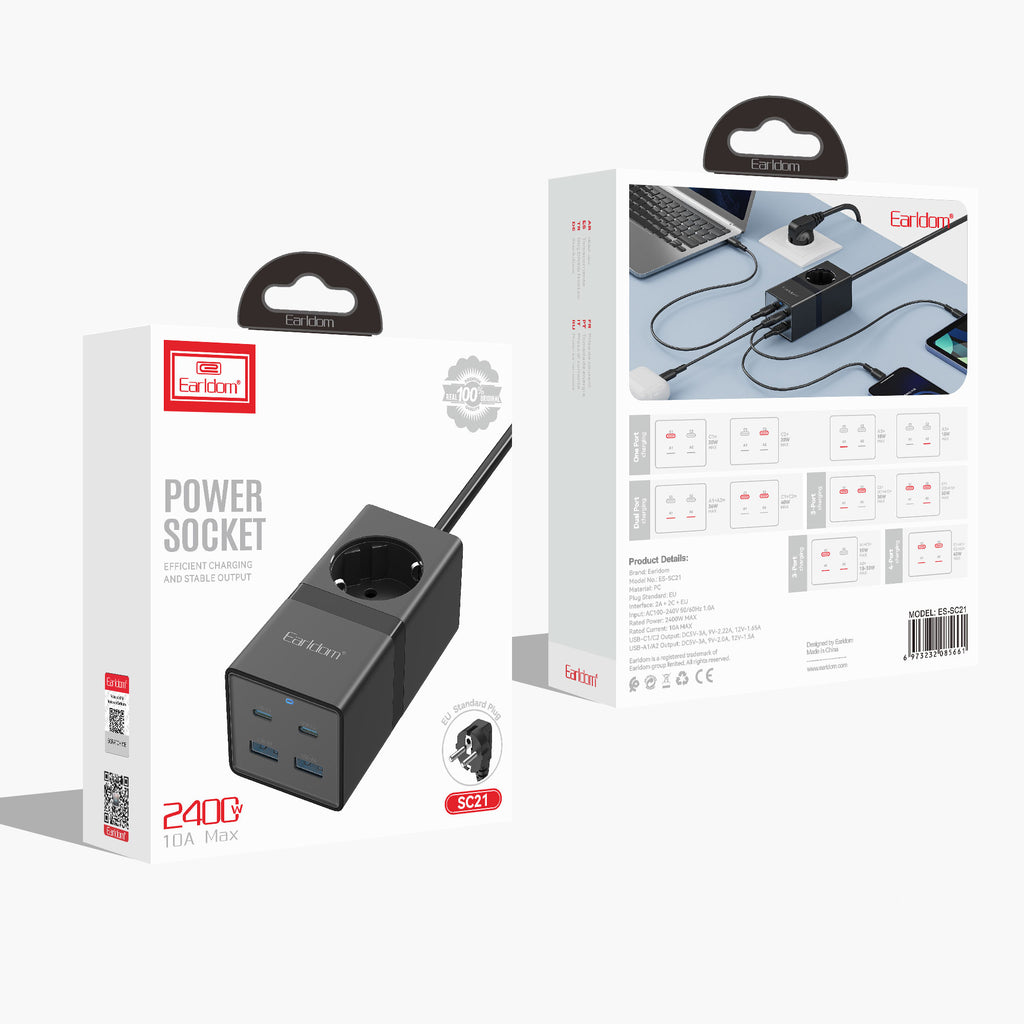 Удължител Earldom ES-SC21, 1 гнездо, CEE 7/3, 2 х USB F, 2 x USB-C, 1м., Черен - 40521