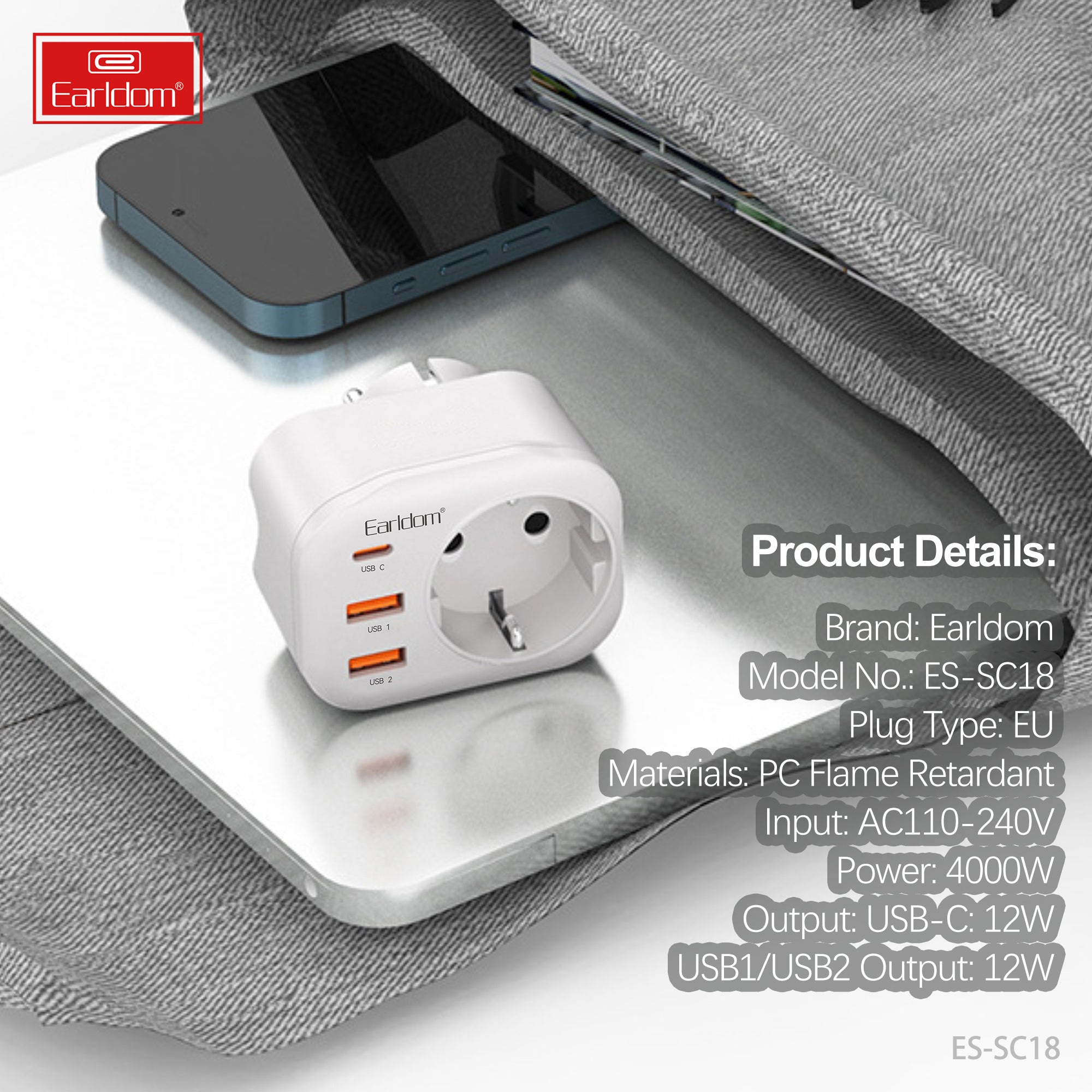 Универсален преходник - зарядно Earldom ES-SC18, 2xUSB, 1xType-C, Шуко, Бял - 40524