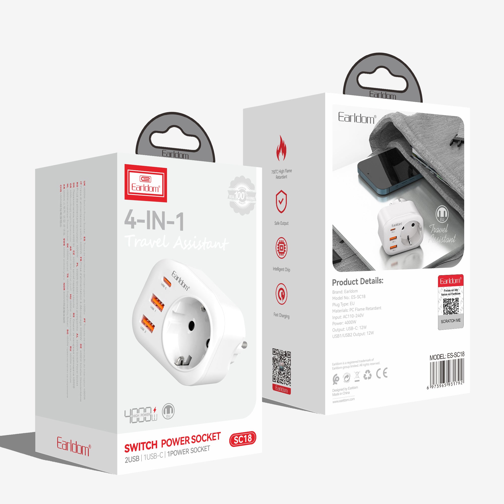 Универсален преходник - зарядно Earldom ES-SC18, 2xUSB, 1xType-C, Шуко, Бял - 40524