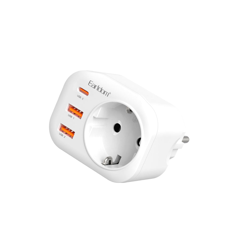 Универсален преходник - зарядно Earldom ES-SC18, 2xUSB, 1xType-C, Шуко, Бял - 40524