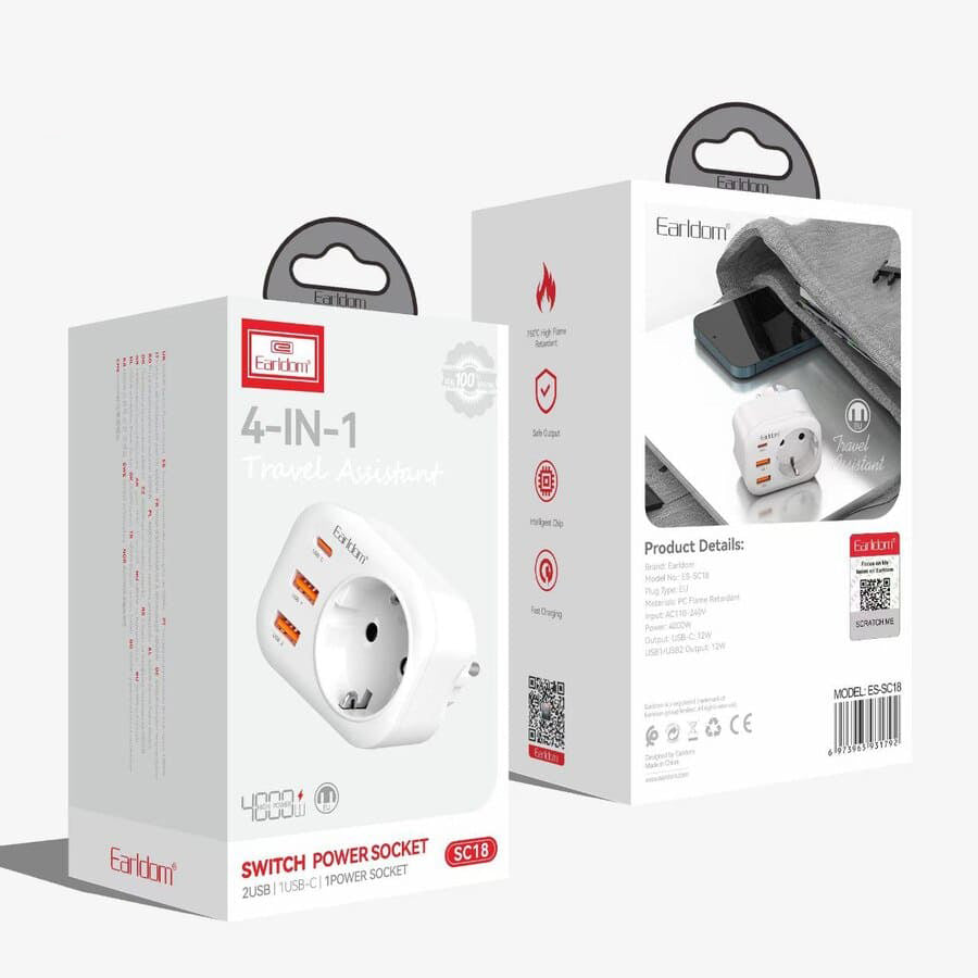 Универсален преходник - зарядно Earldom ES-SC16, 2xUSB, 1xType-C, EU/US/UK/AU към EU, 220V, Бял - 40525