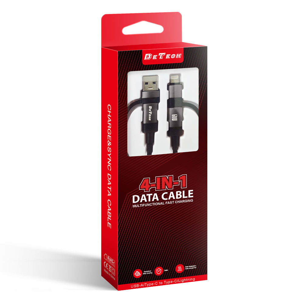 Кабел за данни DeTech DE-54UCI, 4в1 USB-Lightning/Type-C Type-C - Type-C, 1.0m, Черен - 40535