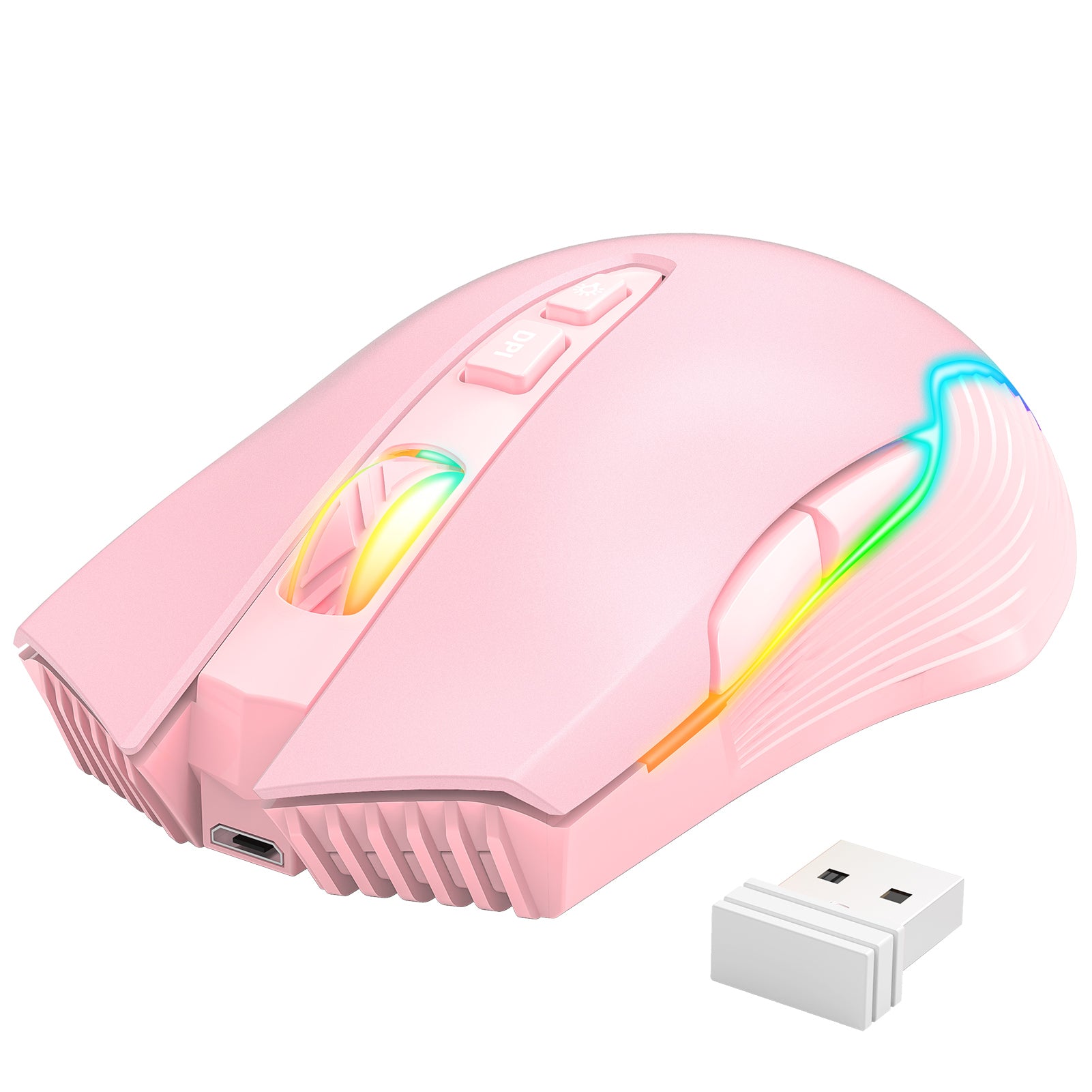 Геймърска мишка Onikuma CW905, Безжична, RGB, 7D, Розов - 769