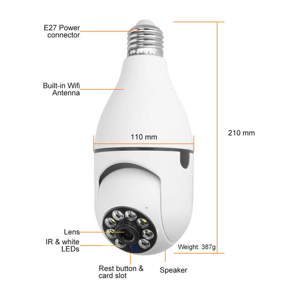 Смарт охранителна камера No brand PST-F1-3MP, 3.0Mp, PTZ, За фасунга E27, Wi-Fi, Tuya Smart, Бял - 91029