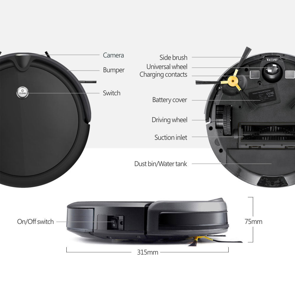 Робот прахосмукачка No brand PST-A3-CBL, Камера, Wi-Fi, Tuya Smart, Черен - 91043