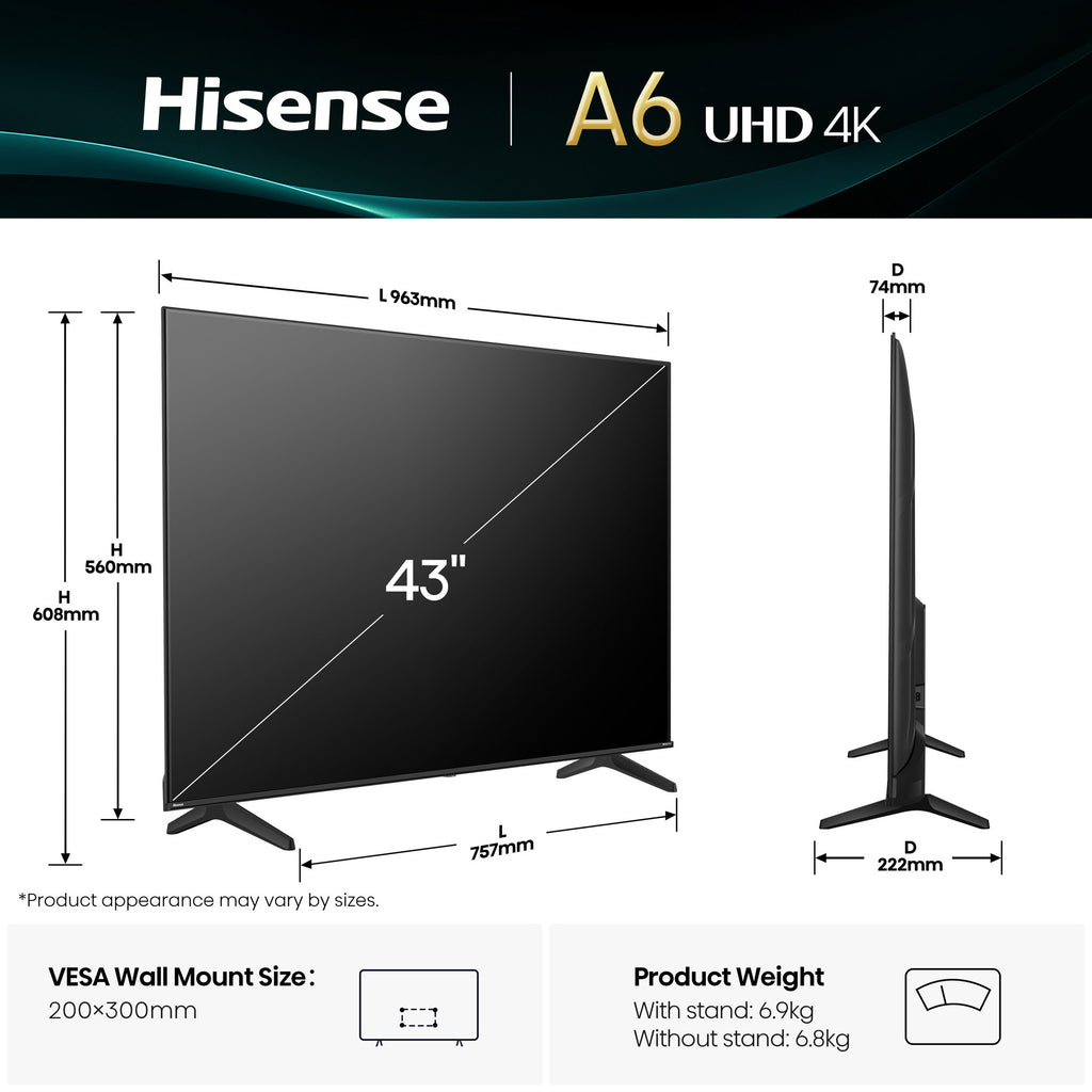 Hisense 43A6Q размери диагонал 43 инча и VESA монтаж